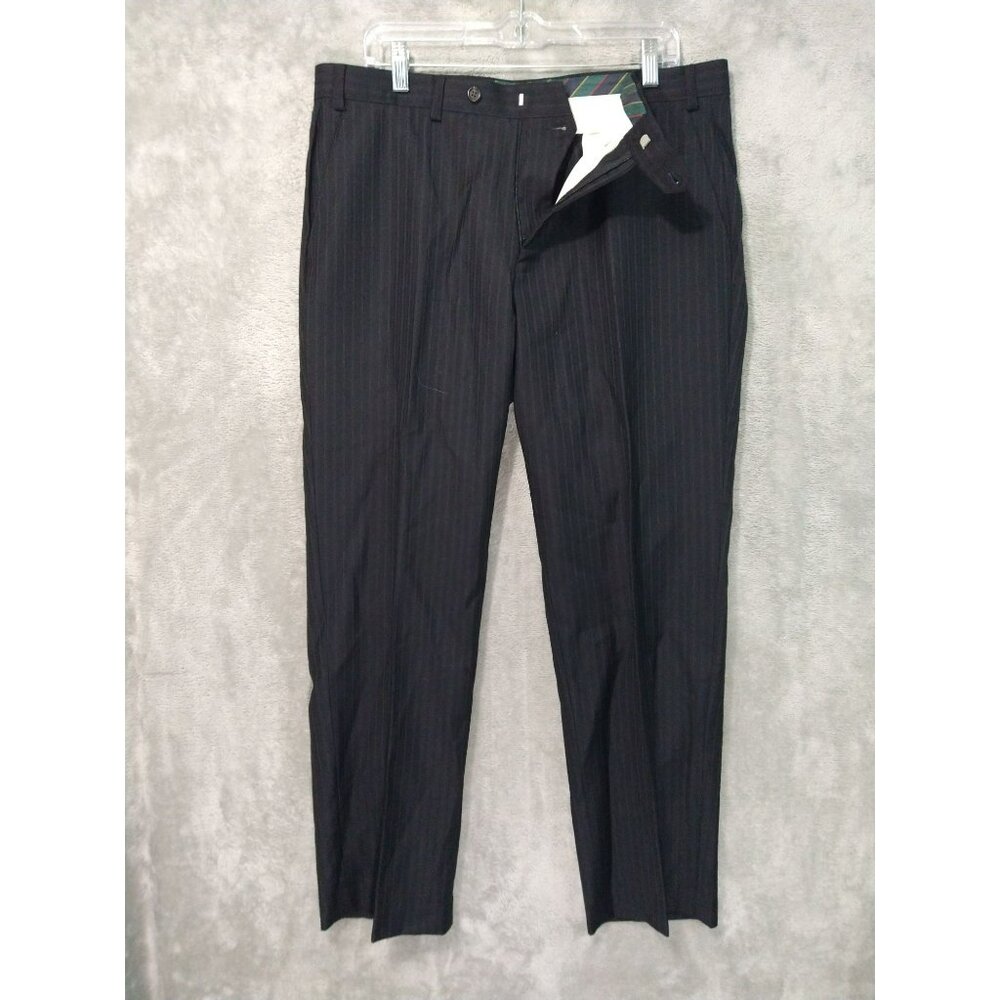 Chaps Dress Pants Mens 36x30 Black Pinstriped Wool Straight Leg Flat Front
